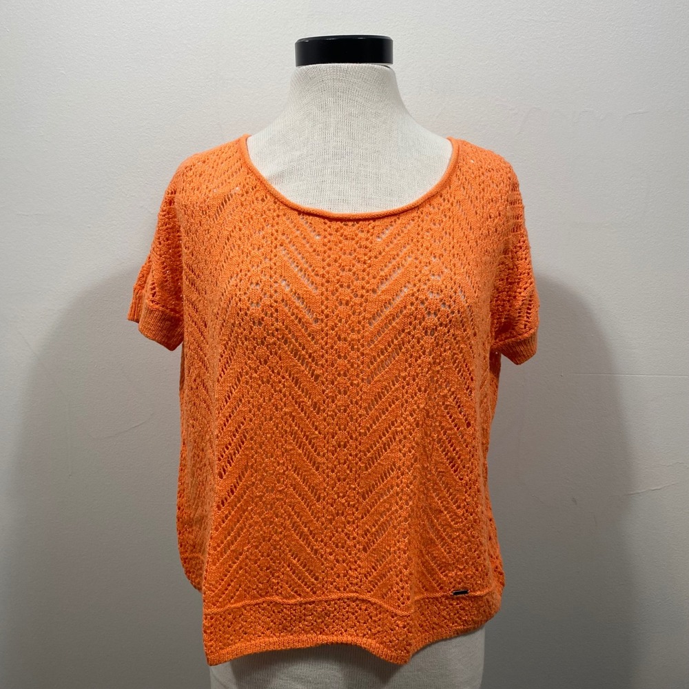 Hollister Orange Pointelle Knit Chevron Short Sleeve Sweater Top XS/S Y2K Boho